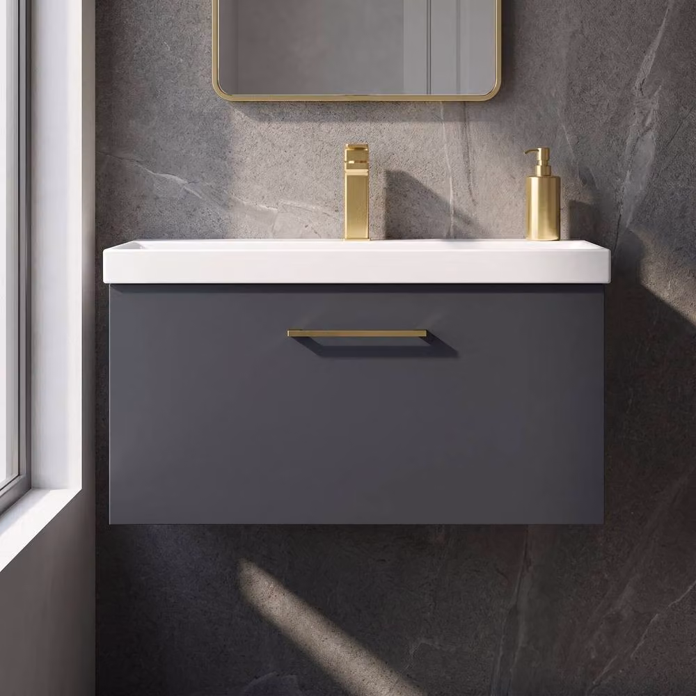 Balterley Wall Mounted Single Drawer Bathroom Vanity Unit with Basin, Dark Grey Matt, W/D/H: 80.0 x 39.0 x 39.9 cm – 6