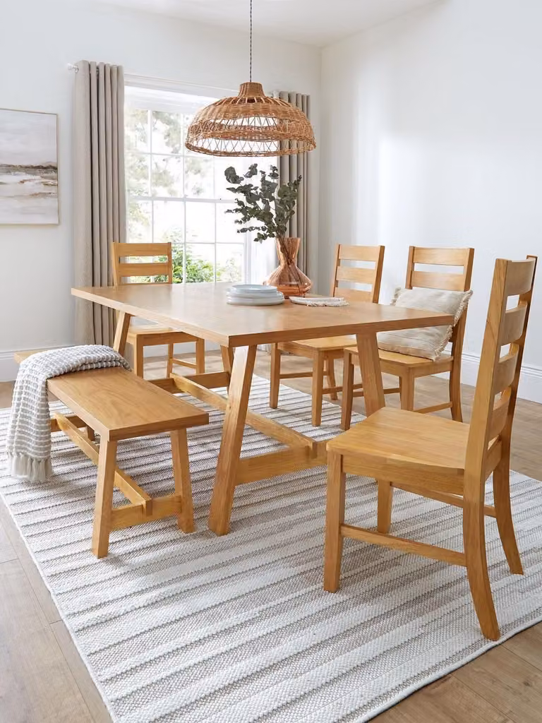 Scottsdale Scandinavian Dining Set with Table, 4 Chairs and Bench in Brown Oak Veneer