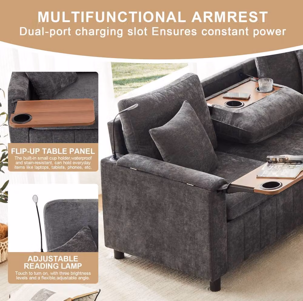 STILVORA Reversible L-Shape Corner Sofa Bed in Grey with USB, Type-C Charging and Matching Storage Ottoman – 7