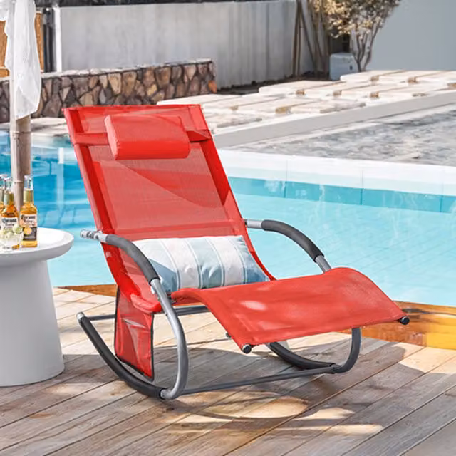 SoBuy Outdoor Garden Rocking Sun Lounger Recliner in Red with Adjustable Headrest and Armrests
