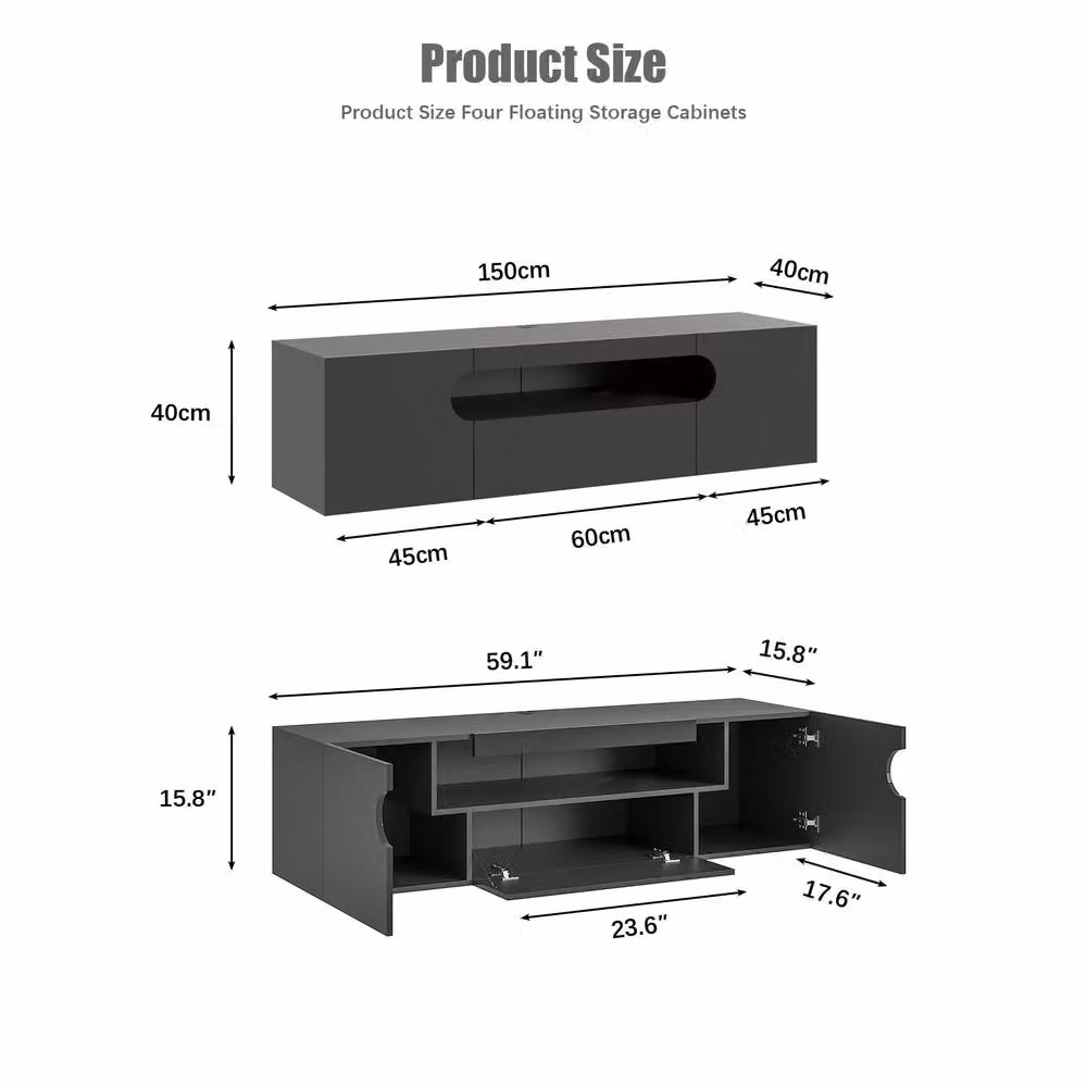 KEEPREAPER Sleek Floating TV Stand with LED Light and Storage Cabinet in Black – 3