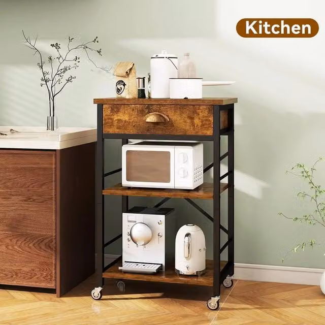 VOGREX Rustic Brown 3-Tier Rolling Bakers Rack and Microwave Stand with Drawers – 1