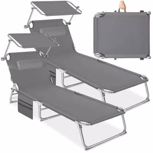 tectake Set of 2 Folding Sun Loungers in Grey, H x W x D: 111 x 68 x 190 cm