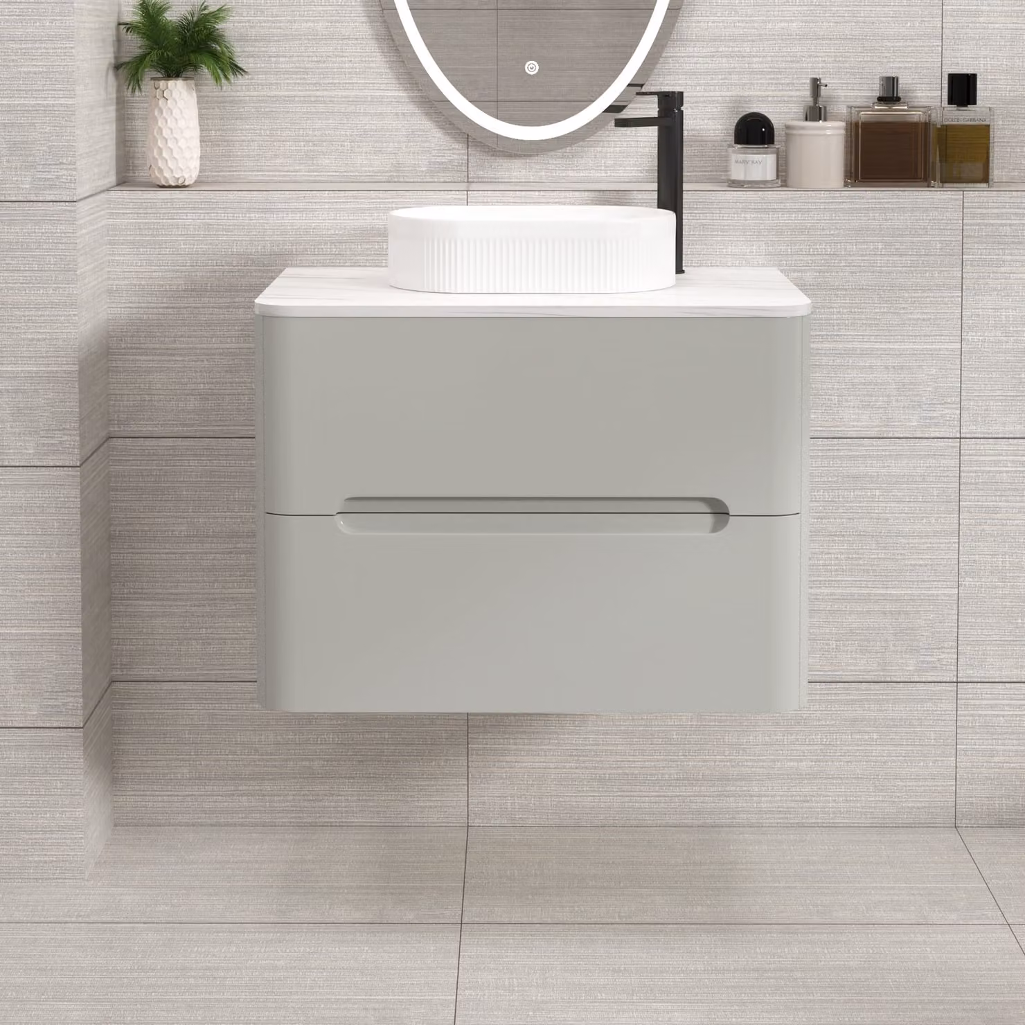 Royal Bathrooms Venice Wall Hung 2 Drawer Vanity Unit in Dove Grey with Carrara White Undrilled Worktop