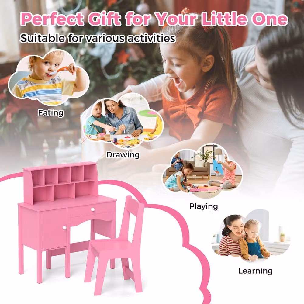 Gymax Childrens Study Desk and Chair Set with Shelves in Pink – 3