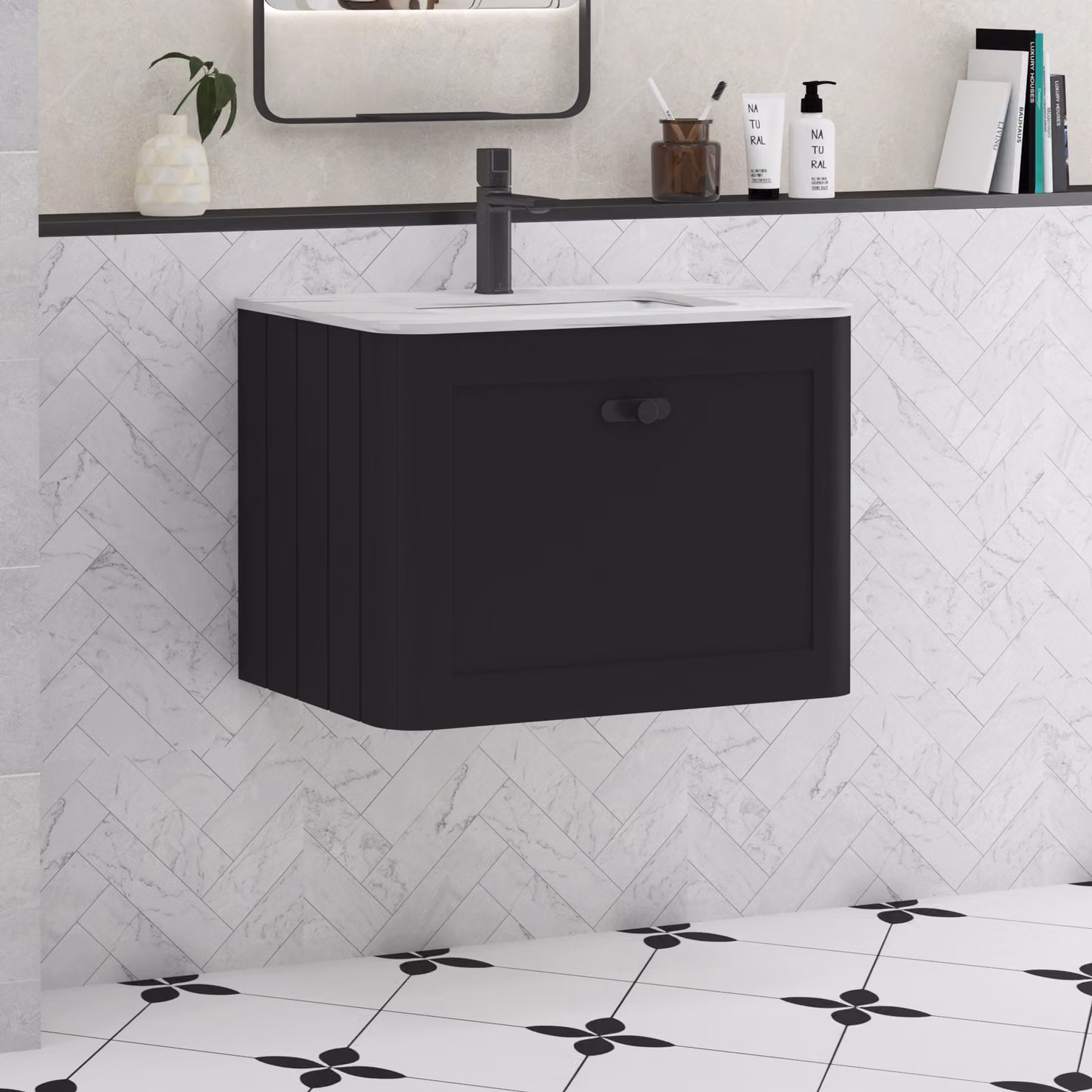 Royal Bathrooms Henley 600mm Wall Hung Vanity Unit with 1 Drawer, Matt Nocturne Black Finish and Carrara White Stone Top