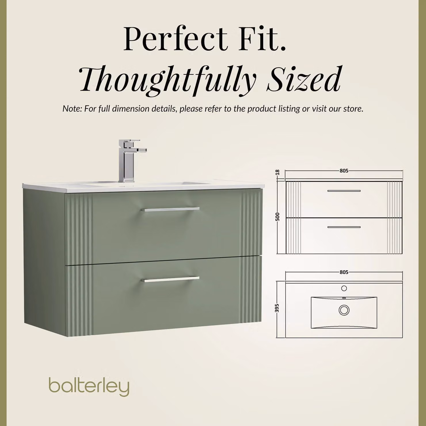 Balterley Wall Hung 2 Drawer Vanity Unit with Minimalist Basin, Satin Green – 3