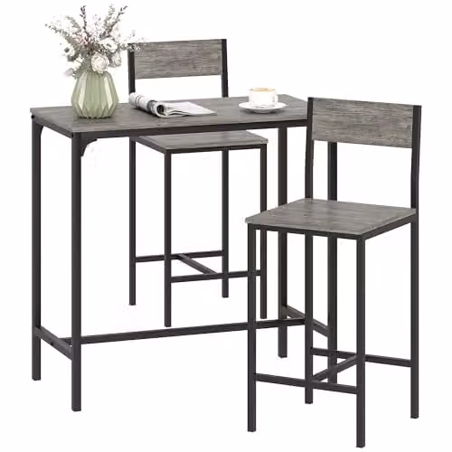 HOMCOM 3-Piece Industrial Bar Table and Stools Set in Grey and Black – 1
