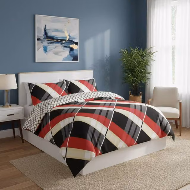 Snug City Reversible Geometric Pattern Duvet Cover and Pillowcase Set in Black and Multicolour, Size: 200 x 200 cm – 1