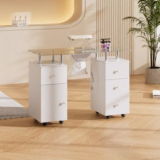 Livingandhome Modern White Mobile Manicure Table with Tempered Glass Top and Dust Collector