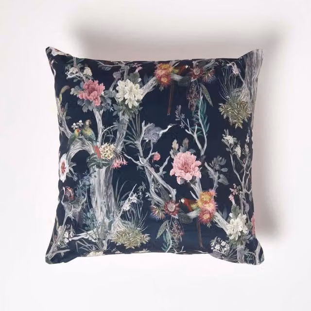 Homescapes Floral Peacock Velvet Filled Square Cushion in Black and Petrol, 46 x 46 cm