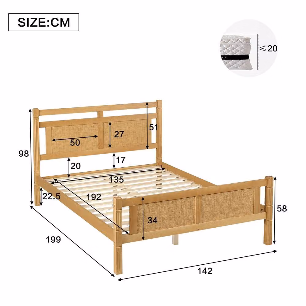 Merax Double Wooden Bed Frame with Rattan Effect Headboard in Natural Sand, W/D/H: 140 x 200 x 142 cm – 2