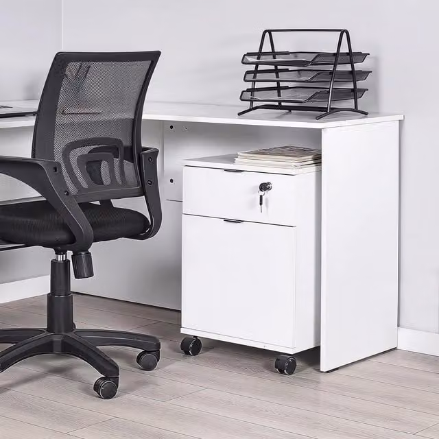 FWStyle Matt White Lockable Mobile Office Cabinet with 1 Drawer and 1 Door on Castors