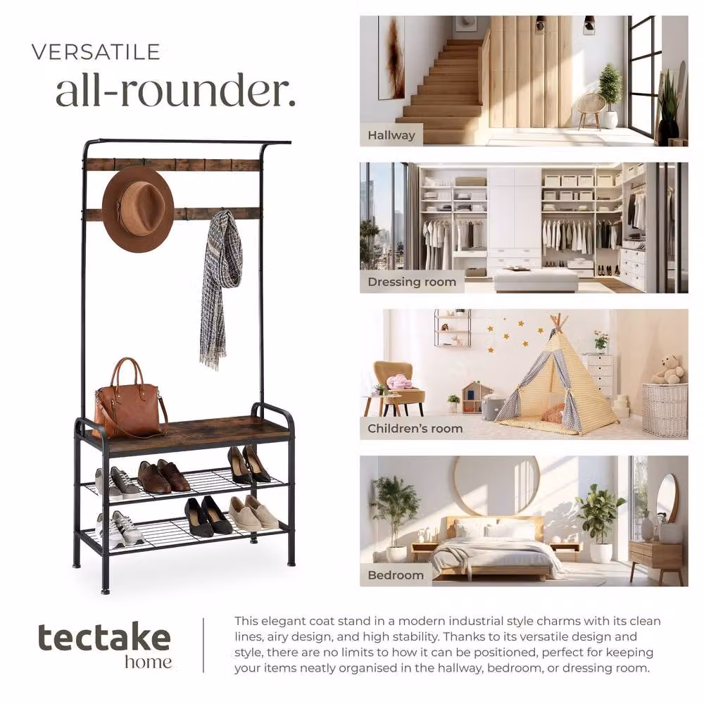 tectake Wichita Industrial Hall Tree with Bench and Dual Hook and Rail Matrix in Brown – 5