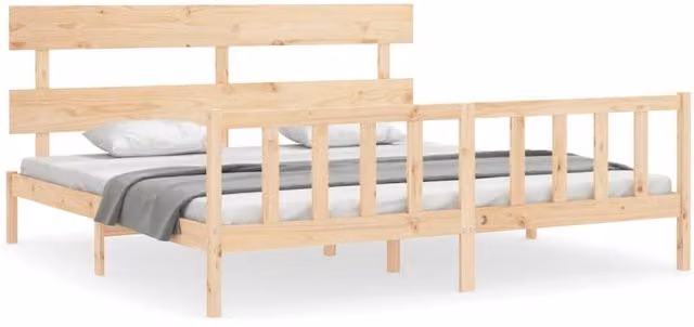 Berkfield Home Solid Wood Bed Frame with Headboard in Beige, W/D/H: 200 x 200 cm – 1