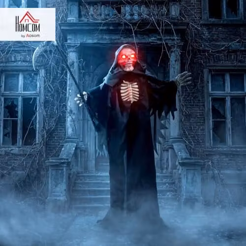 HOMCOM Life Size Animated Grim Reaper Halloween Decoration in Black and Red, Height: 170 cm – 2