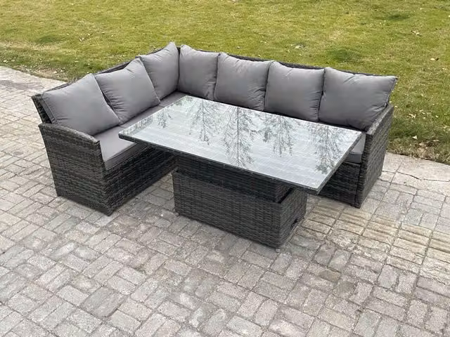 Fimous Dark Grey Rattan Garden Furniture Set with Height Adjustable Lifting Table