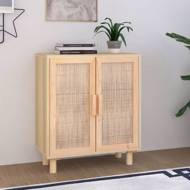Berkfield Home Brown Solid Wood Pine and Natural Rattan Sideboard, W/D/H: 60 x 30 x 70 cm