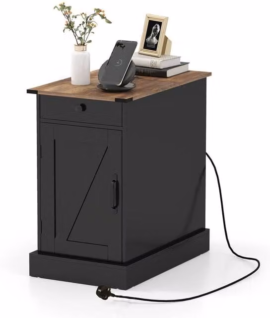 Gymax Farmhouse End Table with Charging Station and Cabinet in Black