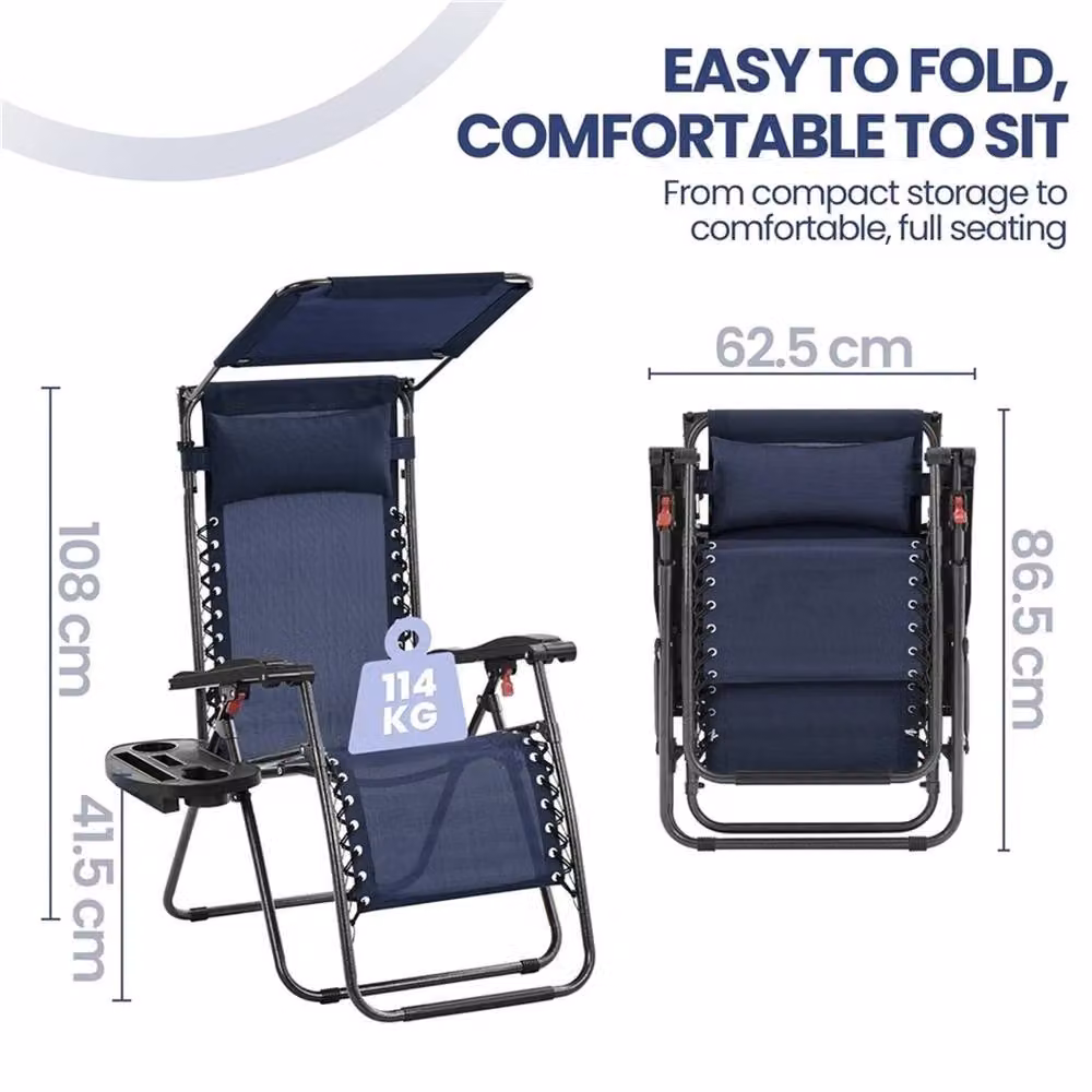 Kelvenix 2-Piece Zero Gravity Garden Chairs in Blue with Sun Canopy, Adjustable Headrest and Side Tray – 2