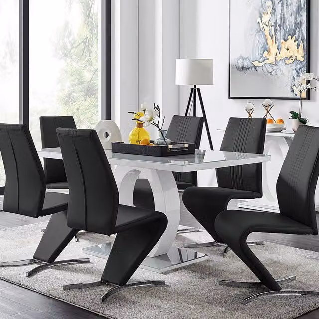 FurnitureboxUK Giovani Modern Grey Glass Rectangular Dining Table and 6 Black Willow Faux Leather Chairs Set – 2