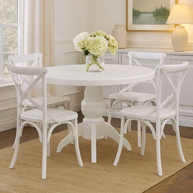 Orsina Modern White Round 5 Piece Dining Set with Wood and Rattan Chairs, Diameter: 120 cm – 2