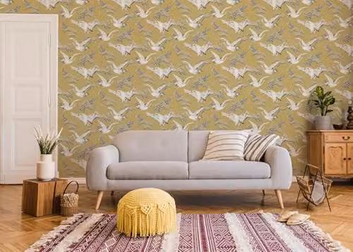 Superfresco Easy Cranes Ochre, Blue and Yellow Animal and Floral Pattern Wallpaper Roll – 1