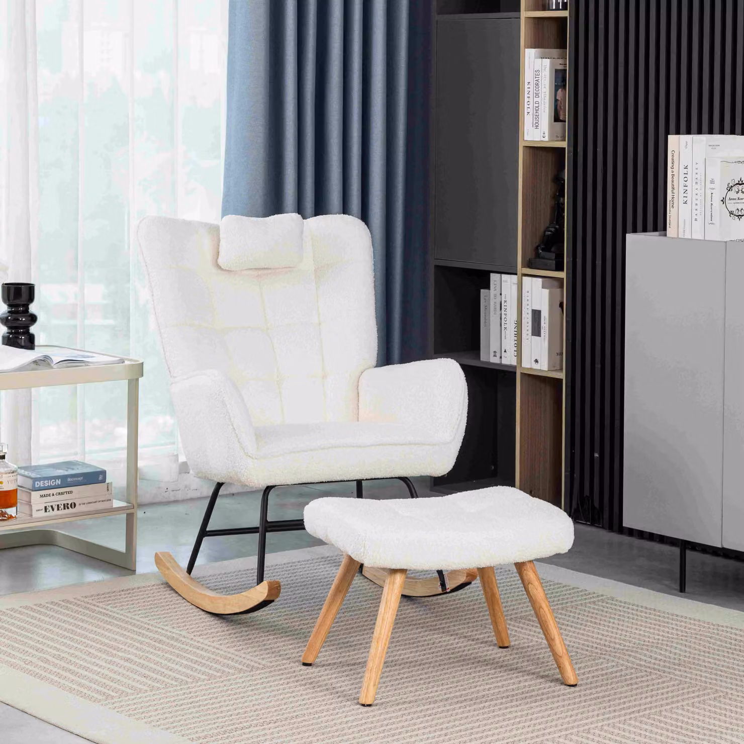 Aosom.UK White Bouclé High Back Ergonomic Recliner Rocking Chair with Footrest and Solid Wood Legs, W/D/H: 65 x 93 x 92 cm – 4