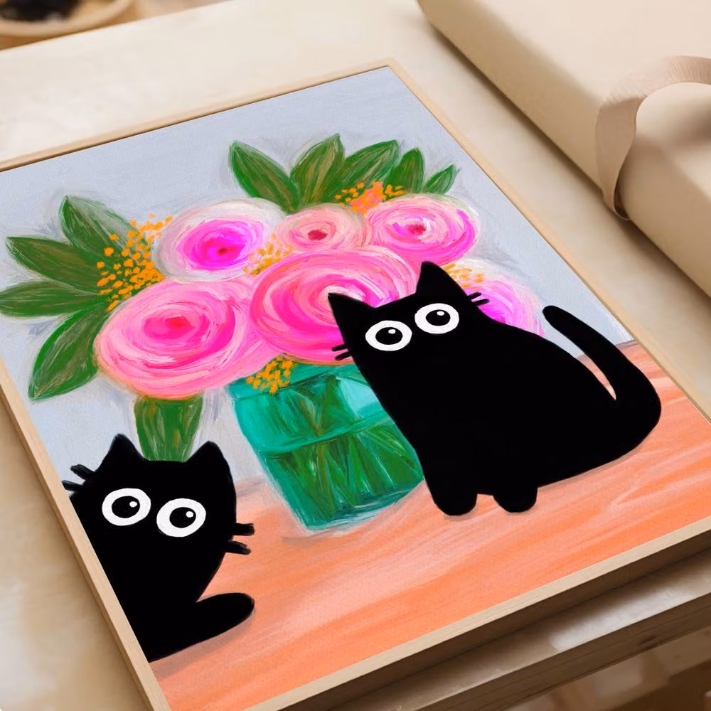 The Paper Tail Black Cats & Roses Multicolour Paper Poster, W: 14.8 cm, H: 21.0 cm – 2