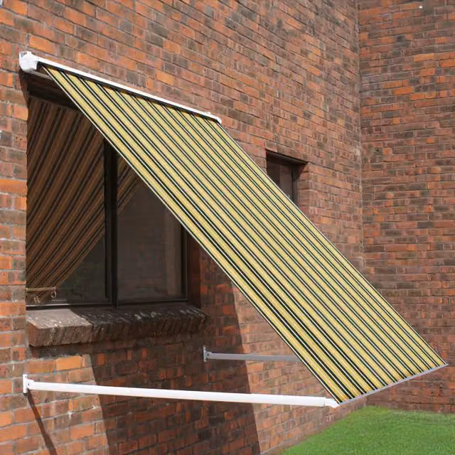 Primrose Drop Arm Window Awning Half Cassette in Yellow and Grey Stripe, 250 cm