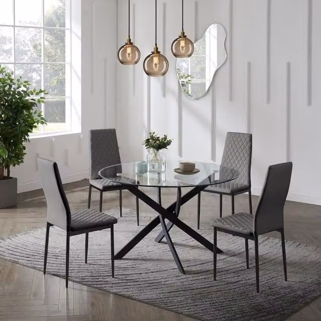 GRS Round Clear Glass Dining Table with 4 Grey Faux Leather Chairs and Black Legs, Diameter: 100 cm, Height: 75 cm
