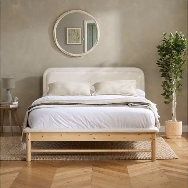 Birlea Emmi Scandi White Bouclé Upholstered Wood Bed W/D/H: 140 x 200 cm