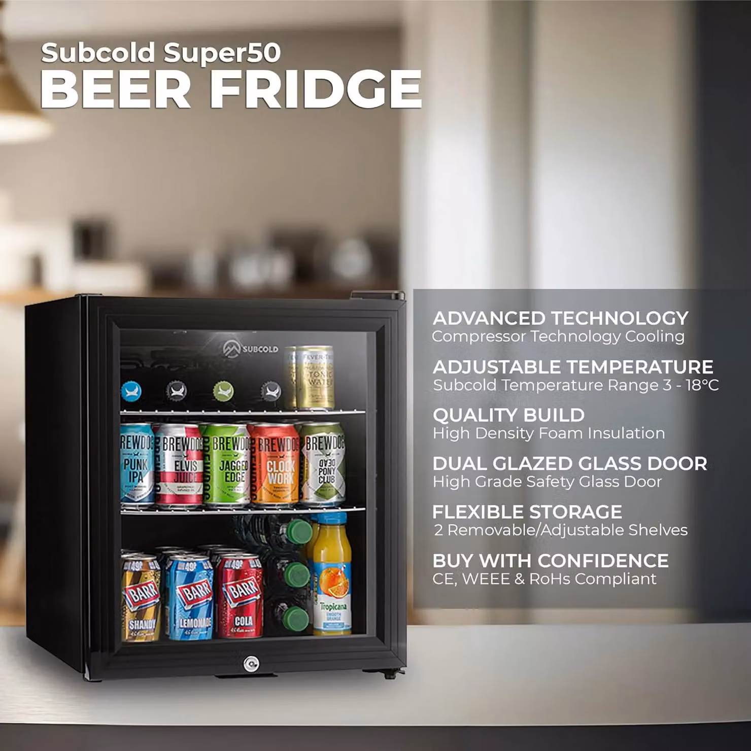 Subcold Super50 LED Mini Fridge Chiller in Black and Silver, 50L Capacity with Interior LED Light and Lock, Energy Class E – 5