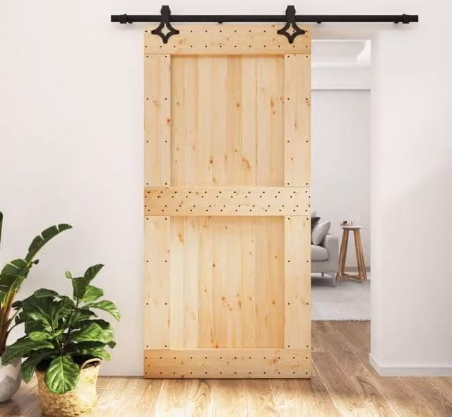 Berkfield Home Rustic Solid Wood Pine Sliding Door with Hardware Set, Brown, W: 100 cm, H: 210 cm
