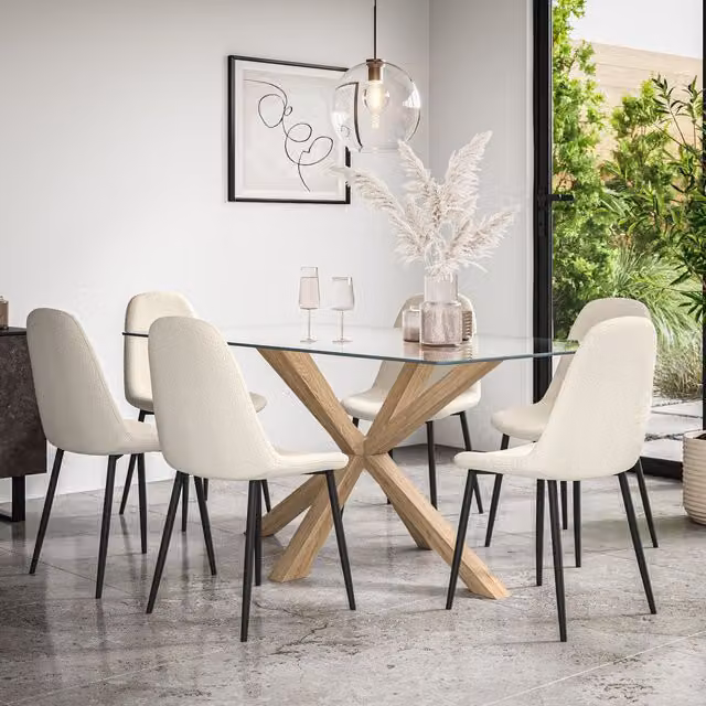 More4Homes Etta Glass Dining Table and Maya Ivory Boucle Chair Set of 6 with Solid Oak Legs
