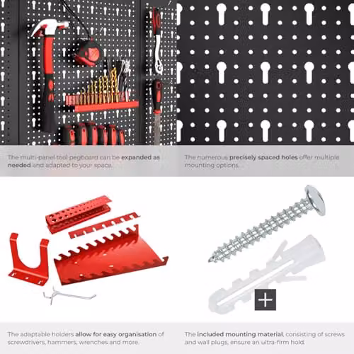 tectake 4-Panel Metal Pegboard Wall-Mounted Tool Organiser with Hooks and Holders in Black and Red – 4