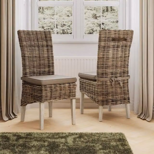 FWStyle Set of 2 Solid Pine and Rattan Dining Chairs in Whitewash Finish
