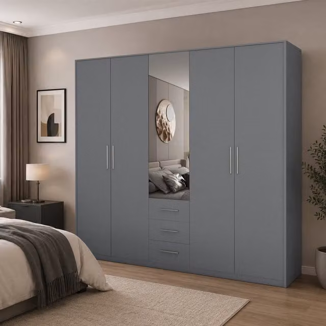 Swindon Modern Grey 5 Door Wardrobe with Mirror and 3 Integrated Drawers, Width: 200 cm