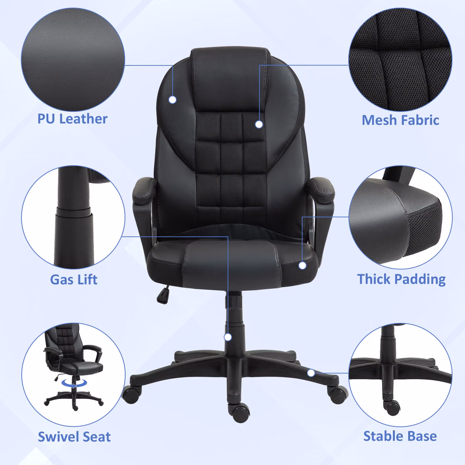 HOMCOM Executive Office Chair in Black Synthetic Leather with Ergonomic Tilt Function and Height Adjustment – 5