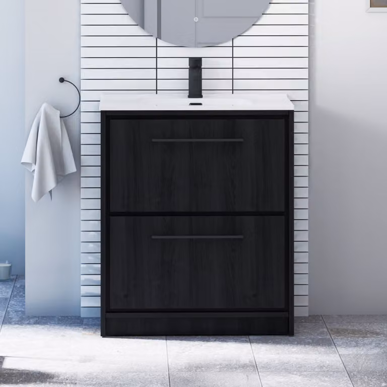 Livora Black Woodgrain Floor Standing 2 Drawer Bathroom Vanity Unit with Ceramic Basin and Matt Black Handles