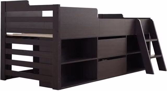 FORGEVIO Solid Wood Mid Sleeper Cabin Bed Frame with Drawers and Bedside Shelf, Dark Grey, W/D/H: 120 x 60 cm – 1