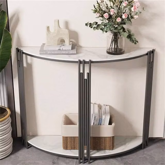 KORVIXA White Marble Half Moon Console Table with Shelf Storage, W/D/H: 100 x 100 x 1 cm