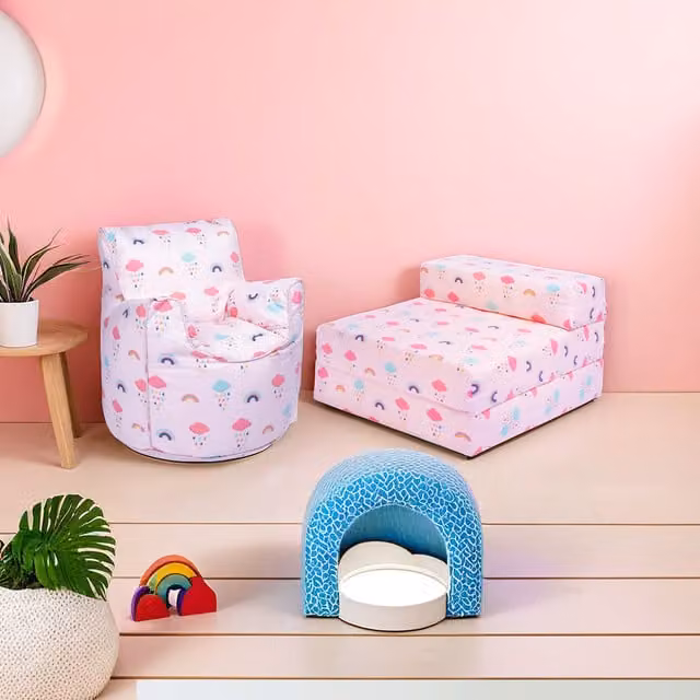 Ready Steady Bed Rainbow Printed Kids Bean Bag Armchair and Folding Z Bed Mattress in Multicolour