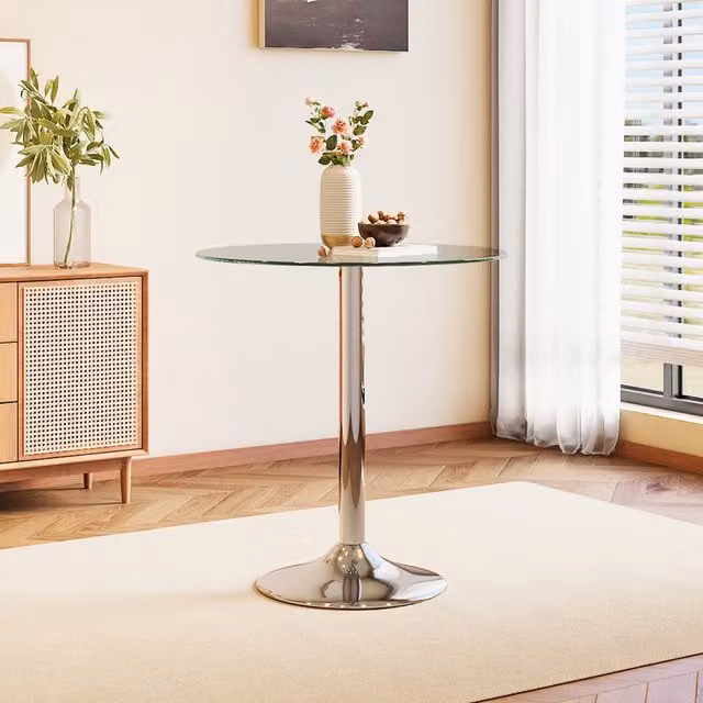 Livingandhome Modern Round Tempered Glass Dining Table with Silver Metal Legs - Transparent