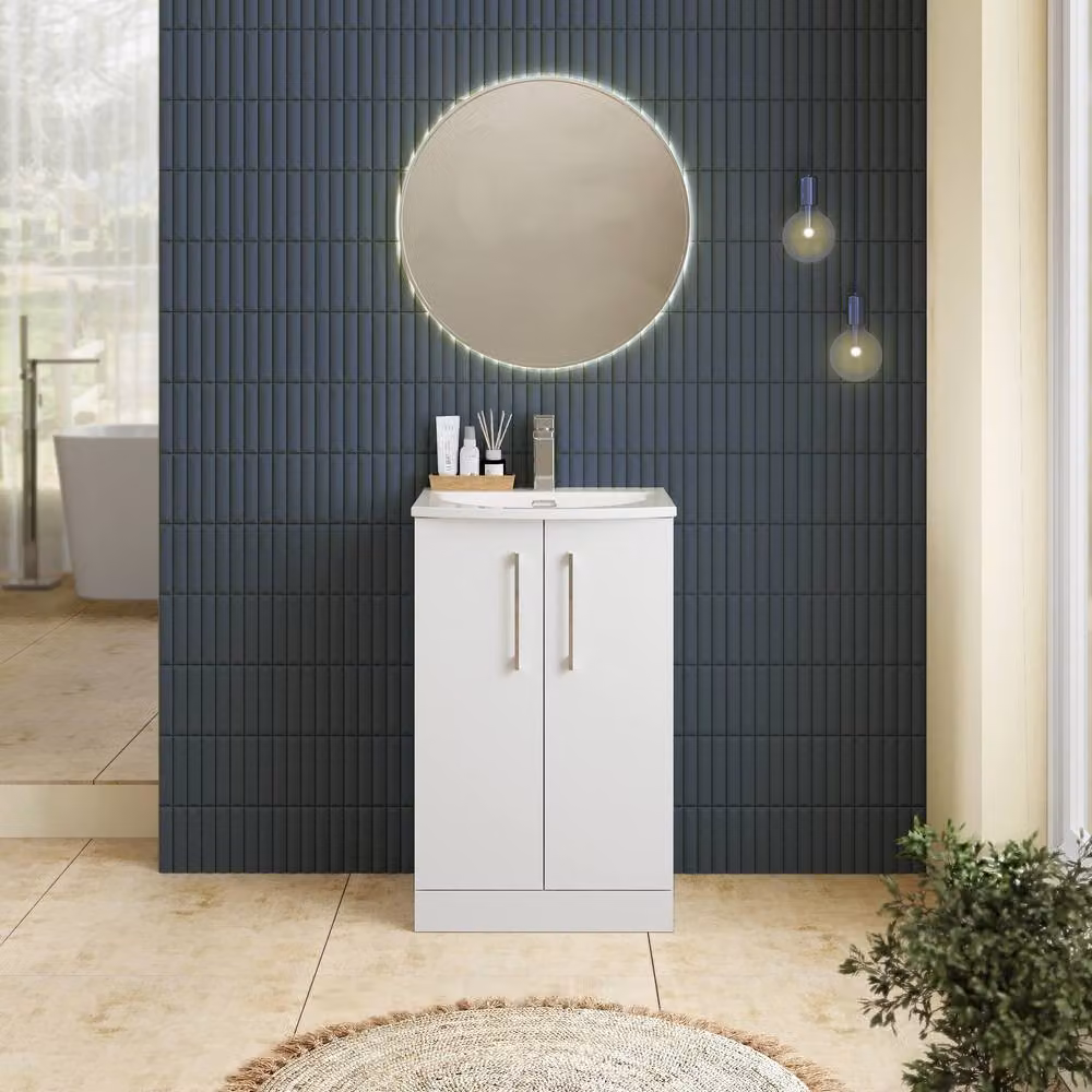 Balterley White Glossy Floor Standing Bathroom Vanity Unit with Rectangular Basin and Soft Close Doors – 2