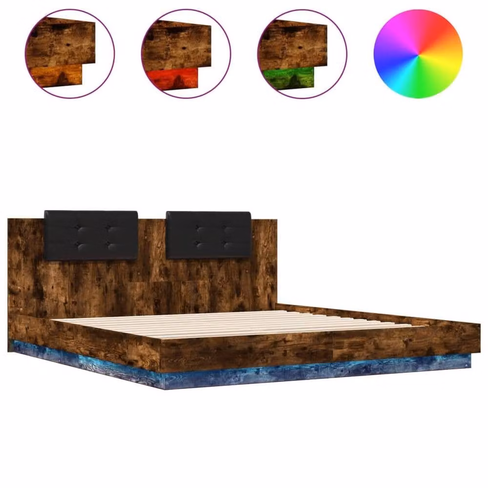Berkfield Home Durable Bed Frame with Under-Bed LED Lighting in Smoked Oak Brown, W/D/H: 200 x 200 x 84 cm – 3