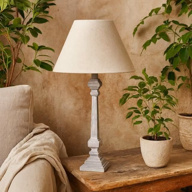 Wyld Haus Stonebloom Slim Table Lamp in Grey Wash with Beige Natural Linen Shade