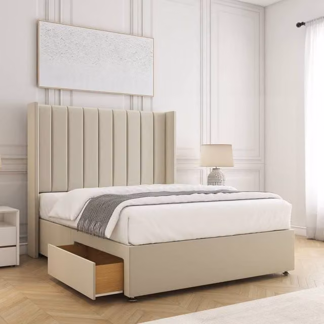 BSSPOKE Hannah Double Divan Bed with 2 Drawers, Footend, 54 inch Headboard and Mattress in Beige Plush Velvet, W/D/H: 140 x 200 cm