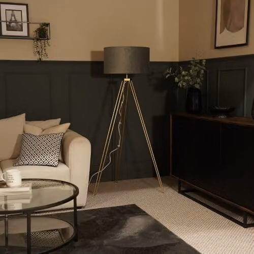 ValueLights Modern Gold Hairpin Design Tripod Floor Lamp with Grey Velvet Drum Shade – 2