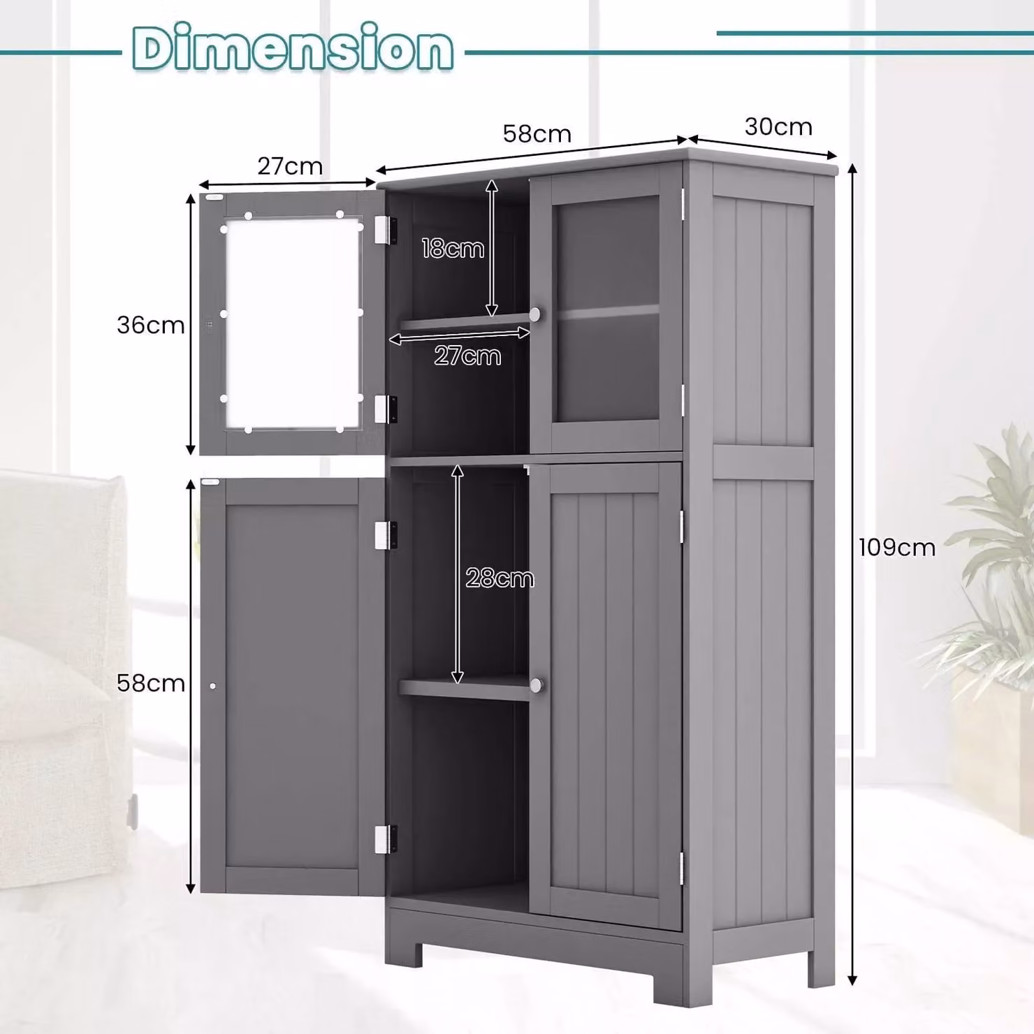 Costway Grey Freestanding Bathroom Floor Cabinet with 2 Tempered Glass Doors and Internal Shelves – 2